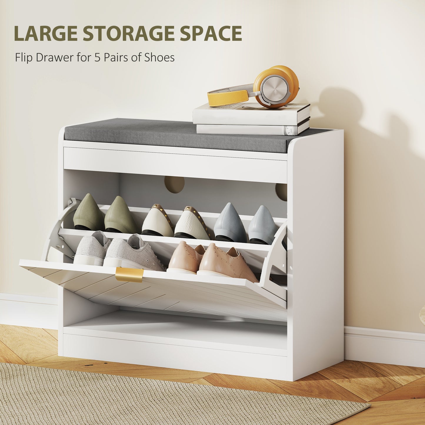 Baniri White Wood and Grey Upholstered Entryway Shoe Bench With Flip Drawer
