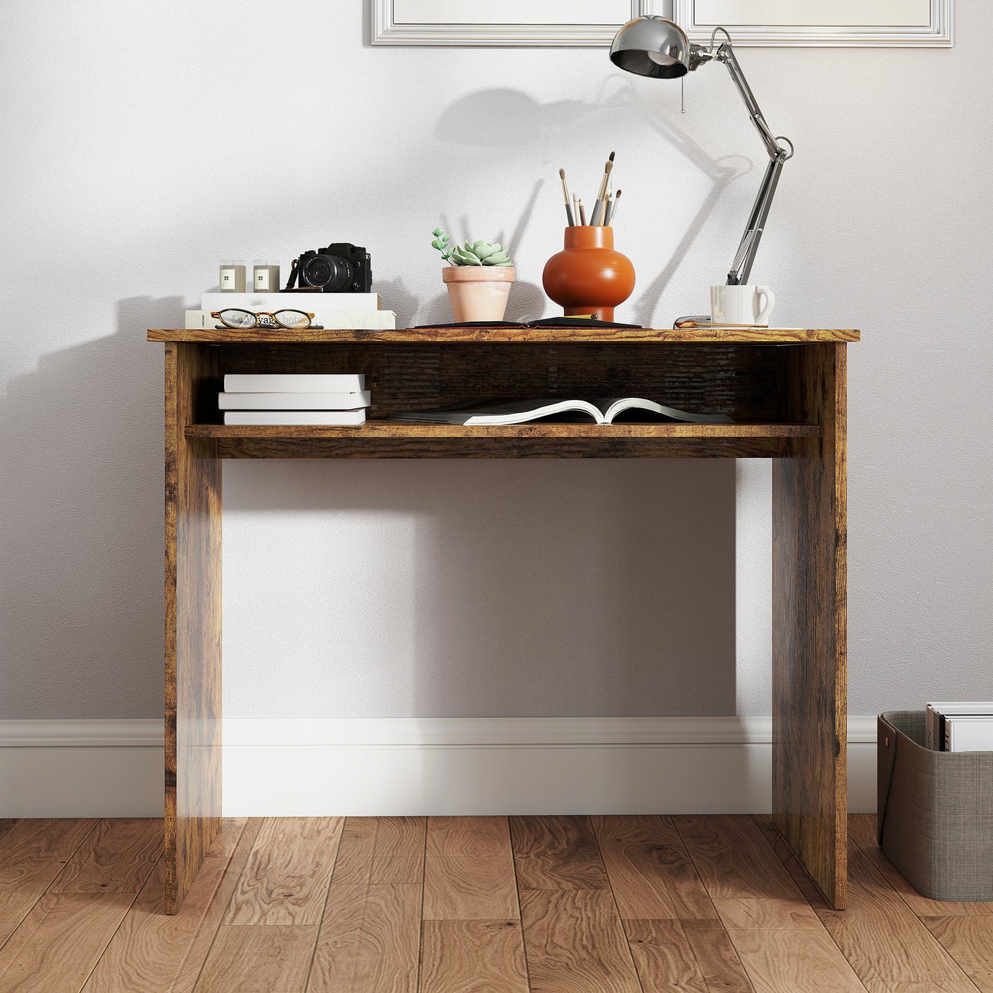 Nonoel 90cm Wooden Wood Effect Box Style Work Desk With Shelving