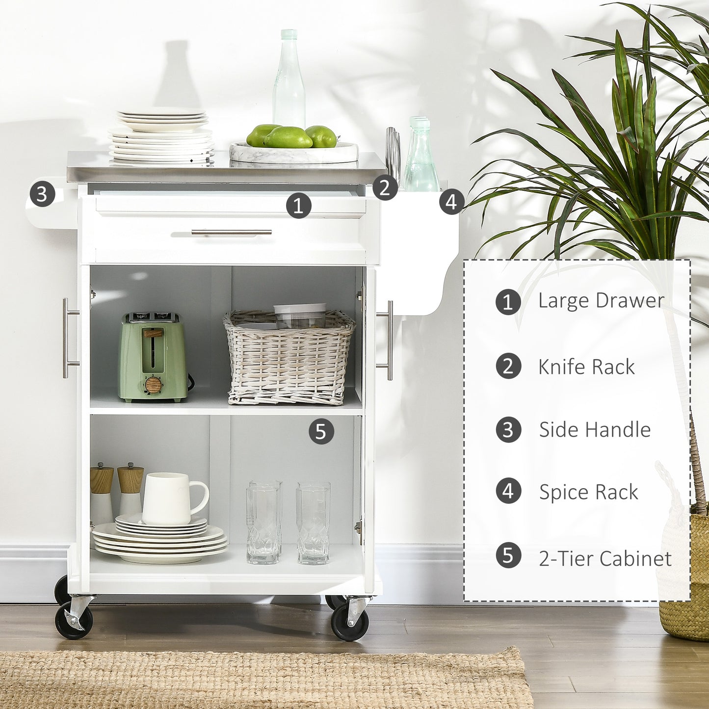 Nenapa Wooden White Kitchen Island On Wheels With Stainless Steel Top Drawer And Side Rack