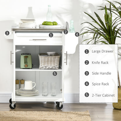 Nenapa Wooden White Kitchen Island On Wheels With Stainless Steel Top Drawer And Side Rack