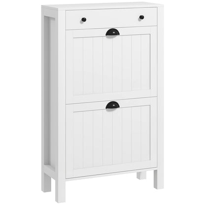 Sora Wooden White Slim Shoe Cabinet With 2 Flip Drawers