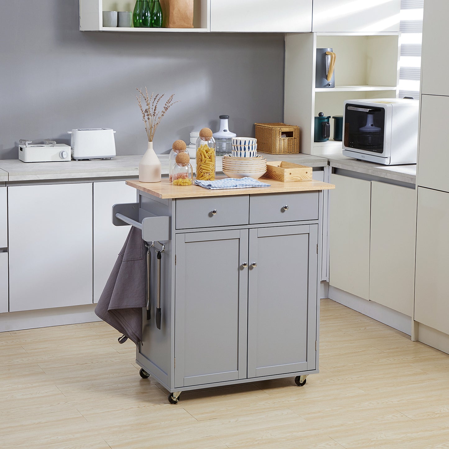 Mobani Natural Top Grey Wood Rolling Kitchen Island With Drawers Towel Rack And Hooks