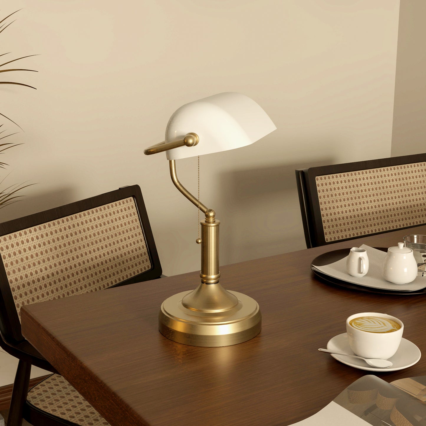 Yori Metal And Glass White Bankers Desk Lamp With Antique Bronze Tone Base