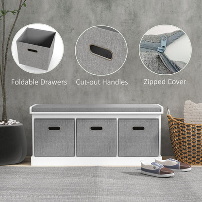 Elfila Wooden White 3 Drawer Shoe Storage Bench With Grey Padded Seat