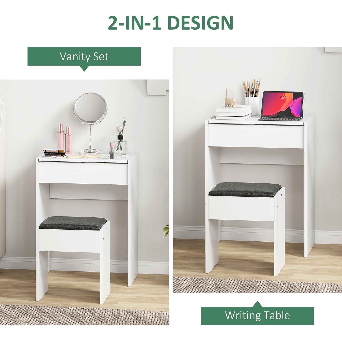 Nolena White Wood Vanity Table With Flip Up Mirror Padded Stool And Storage