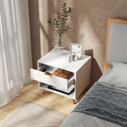 Sedora Vela White And Gold Tone Elegant Bedside Table With Ribbed Drawer And Shelf