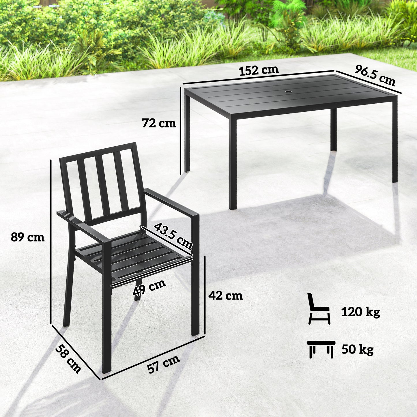 Tatare 6 Seater Metal Black Garden Dining Set With Parasol Hole