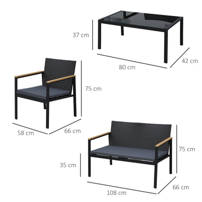 Rasedo Rattan Black 4 Seater Outdoor Sofa Set With Loveseat Armchairs Glass and Coffee Table