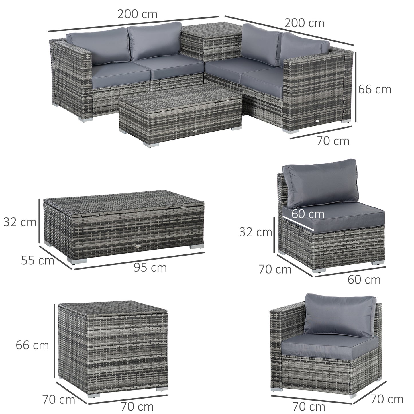 Nenalo Grey Rattan 4 Seataer Corner Sofa Set With Storage Coffee Table And Ottoman