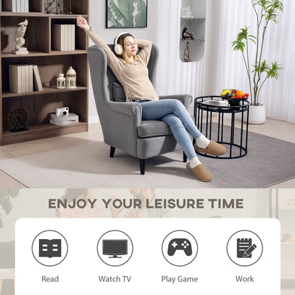 Harire Grey Velvet Wingback Accent Chair With High Back Pillow And Wooden Legs