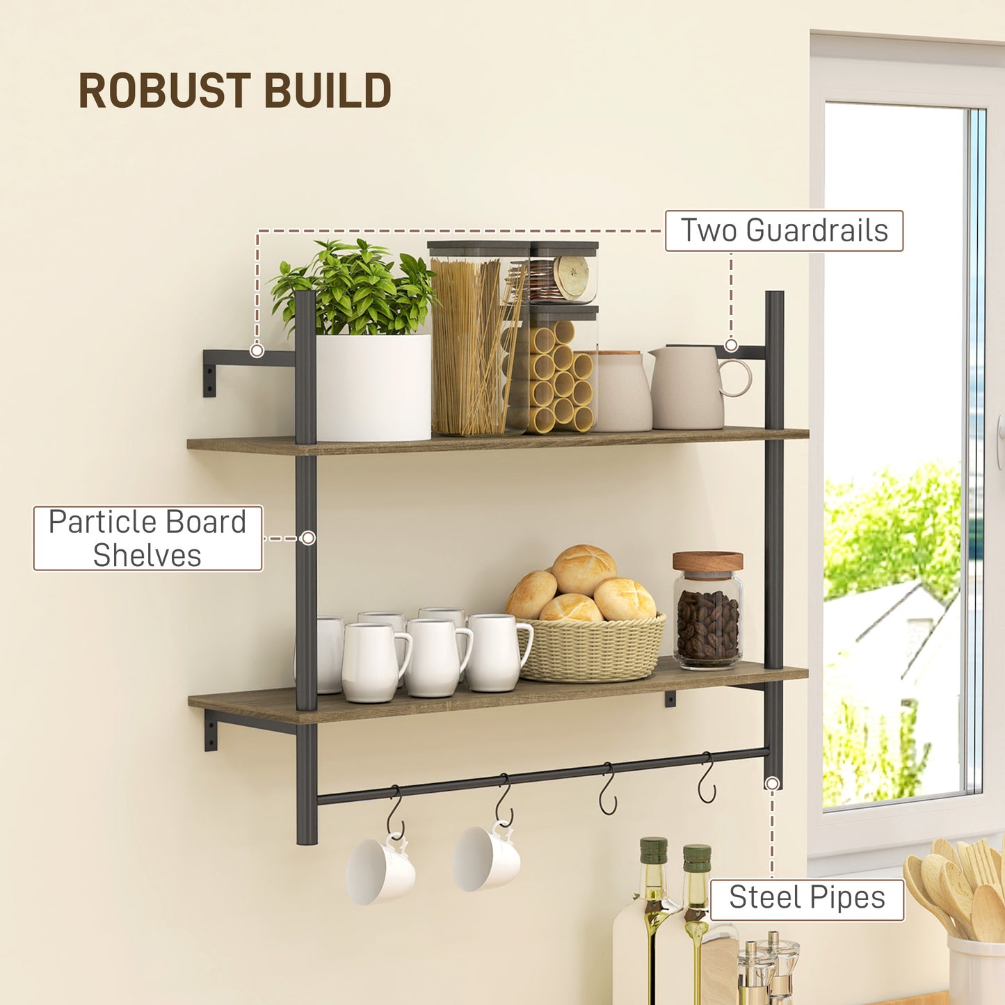 Vimoso Wood Grey Wall Mounted Floating Shelves With 4 Hooks For Entryway And Living Space