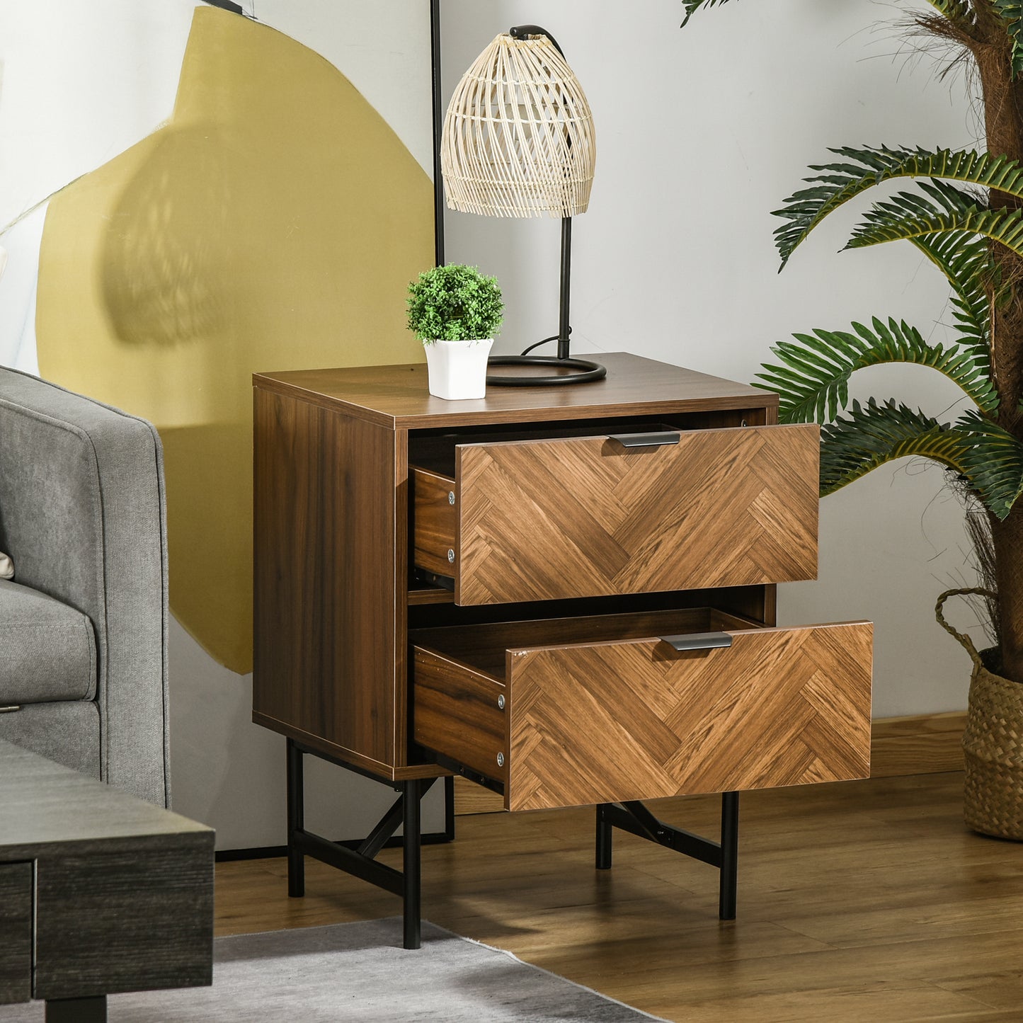 Lipana Wood Walnut Brown 2 Drawer Bedside Table With Metal Handle Detail