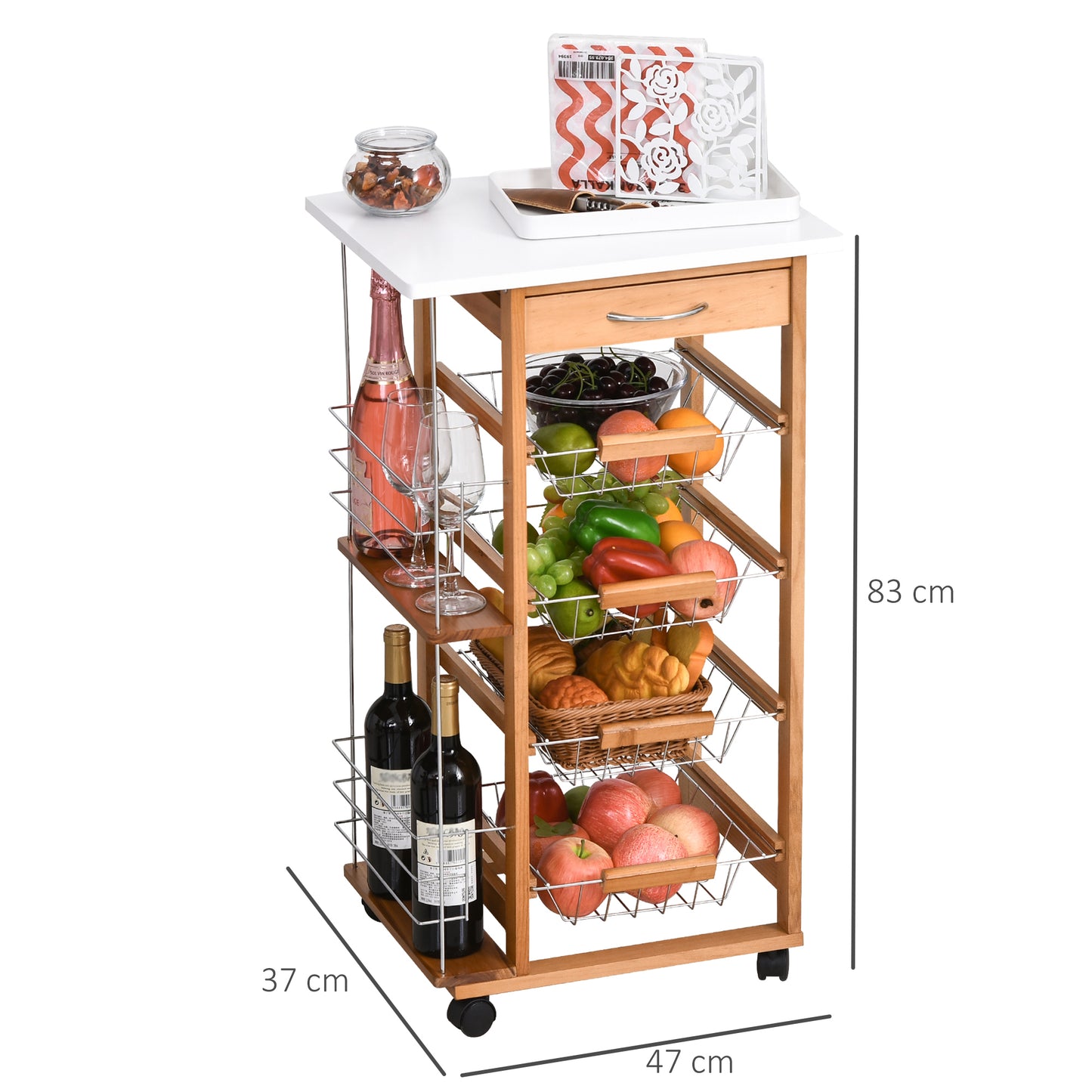 Domo Natural Wood Rolling Kitchen Cart With 4 Basket Drawers And Side Racks