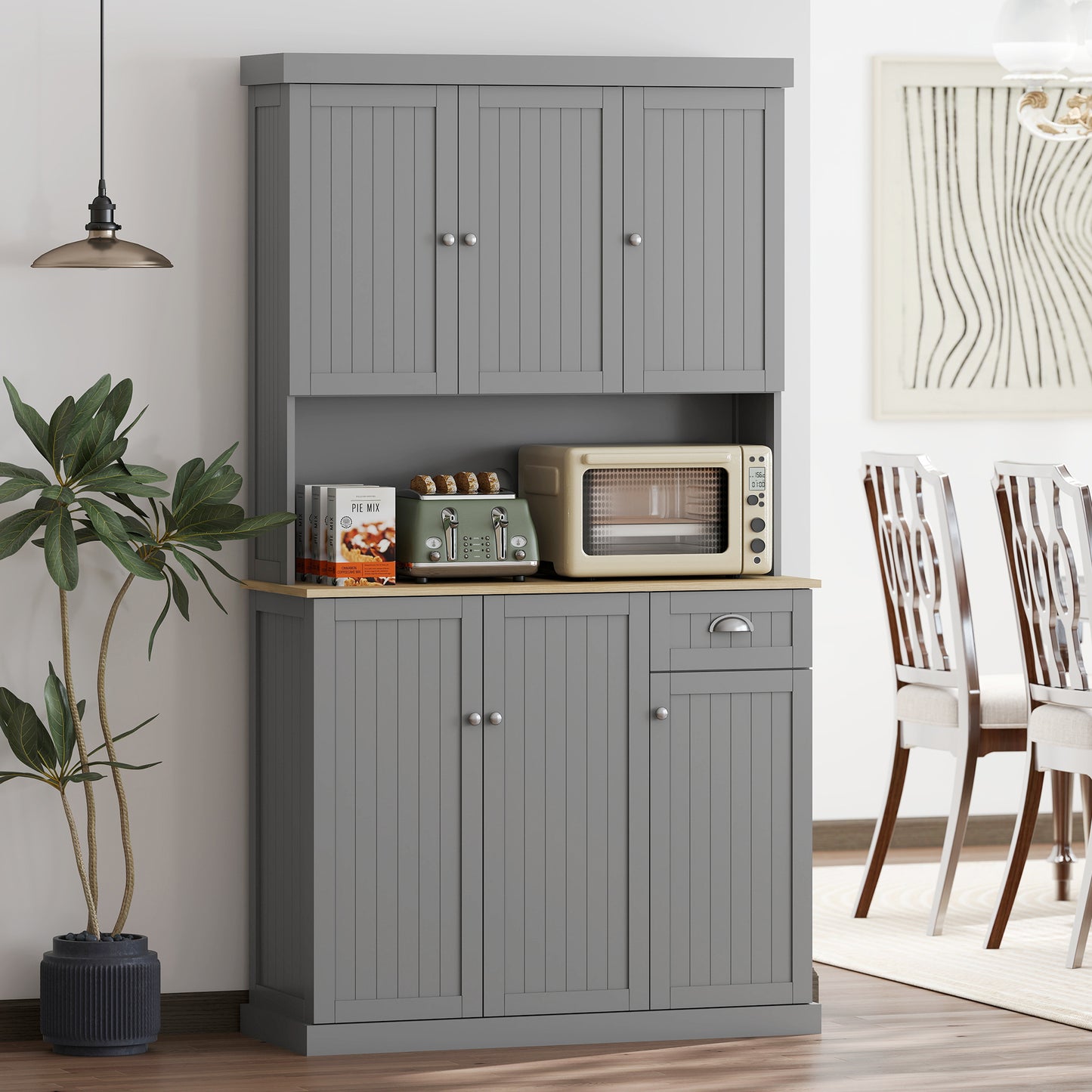 Ririlo Wooden Grey 180 cm Tall Kitchen Storage Cabinet With OFauxn Counter Drawers And 6 Doors
