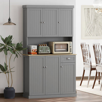 Ririlo Wooden Grey 180 cm Tall Kitchen Storage Cabinet With OFauxn Counter Drawers And 6 Doors