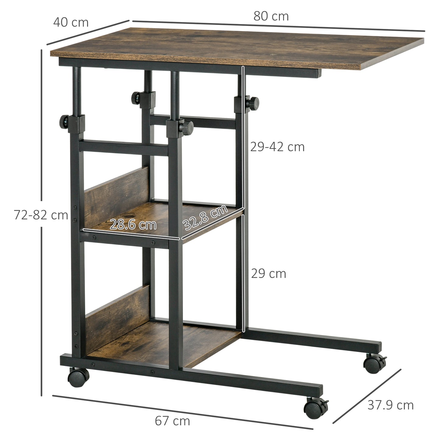 Comiro Metal Black Industrial Sofa Side Table With 3 Tier Shelves with Lockable Wheels