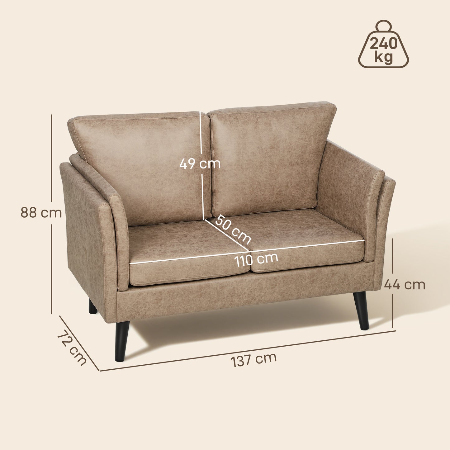 Vaha Light Brown Faux Leather 2 Seater Sofa