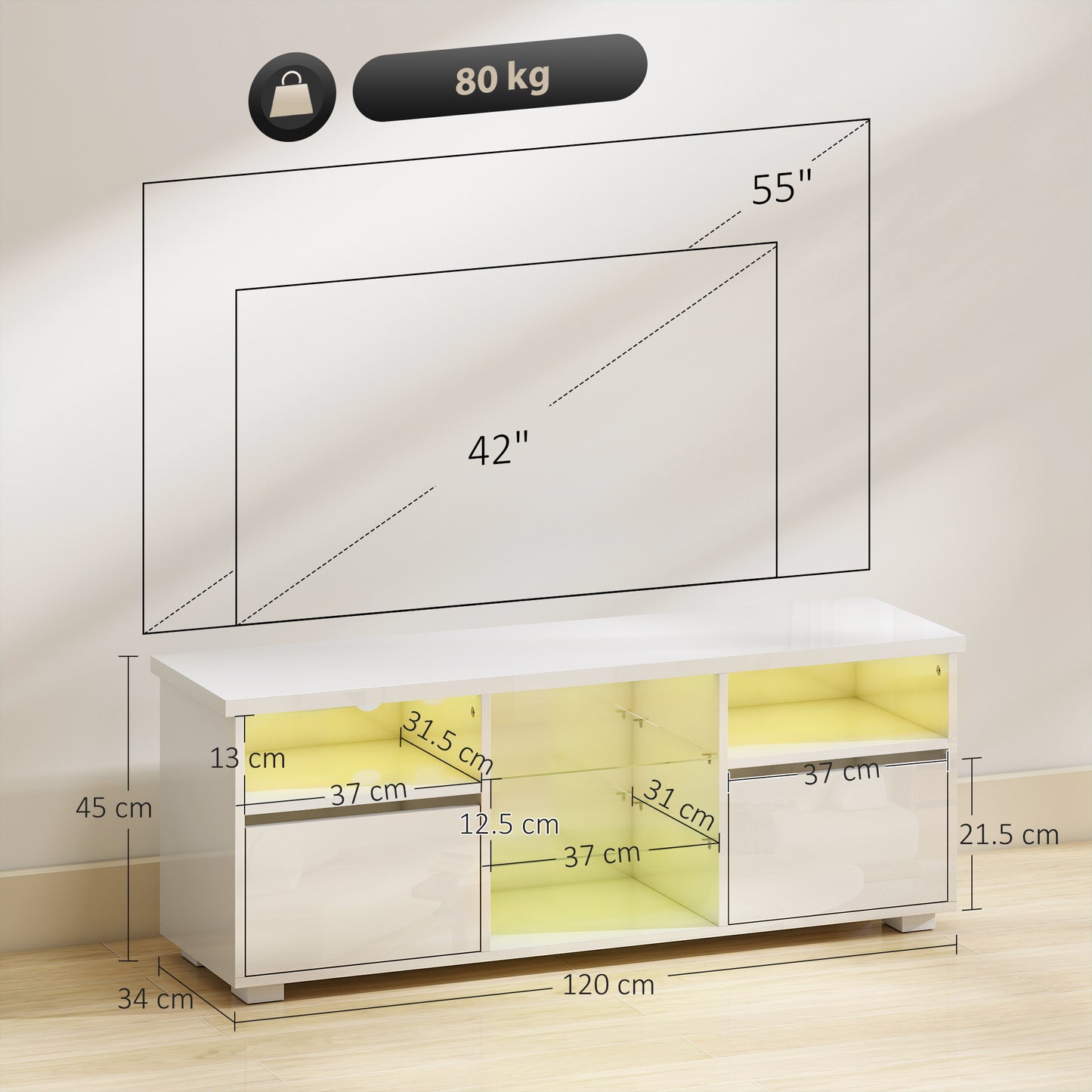 Avavyn 120cm High Gloss White TV Cabinet With Integrated LED Lighting
