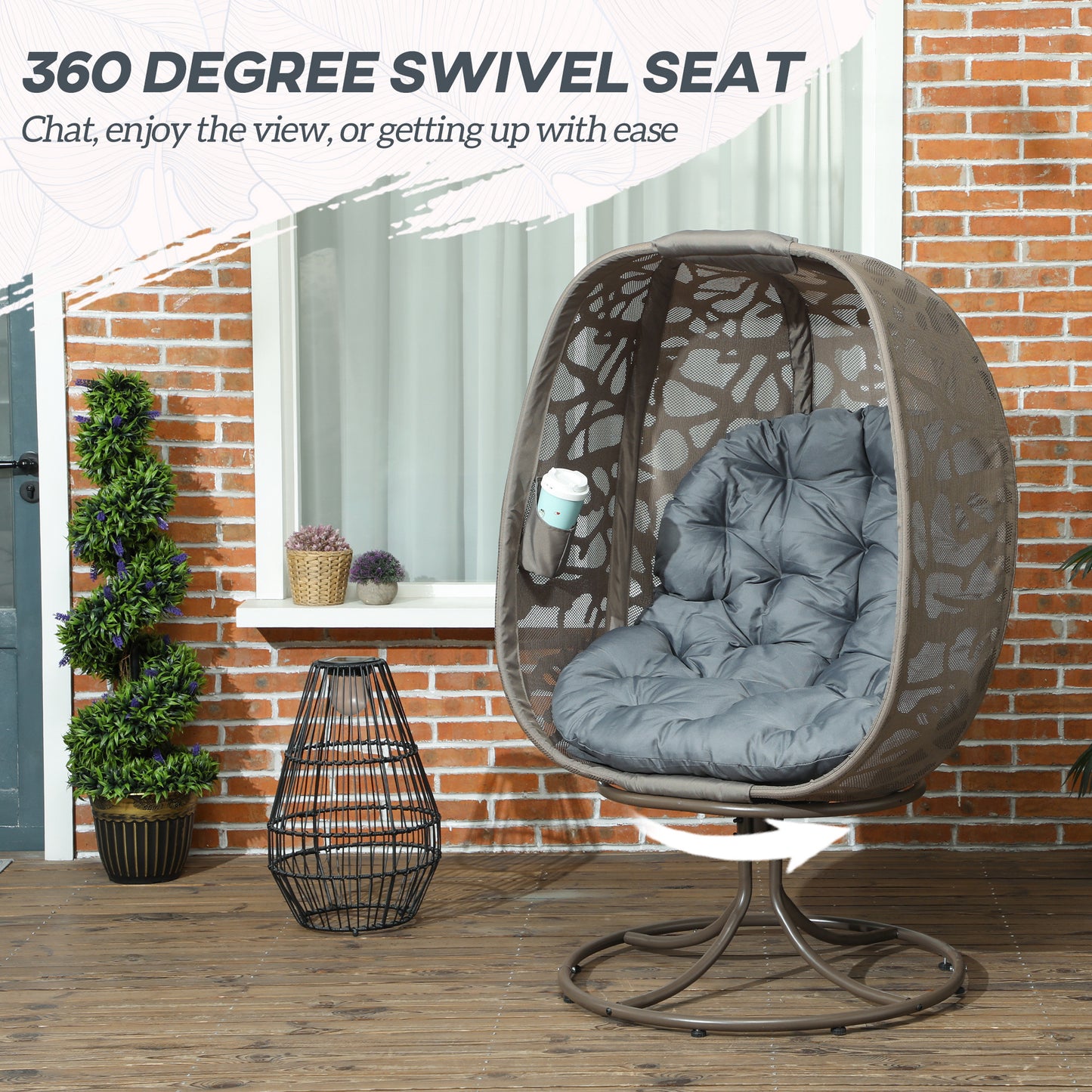 Nise Rattan And Metal Grey Swivel Egg Chair With Cushions