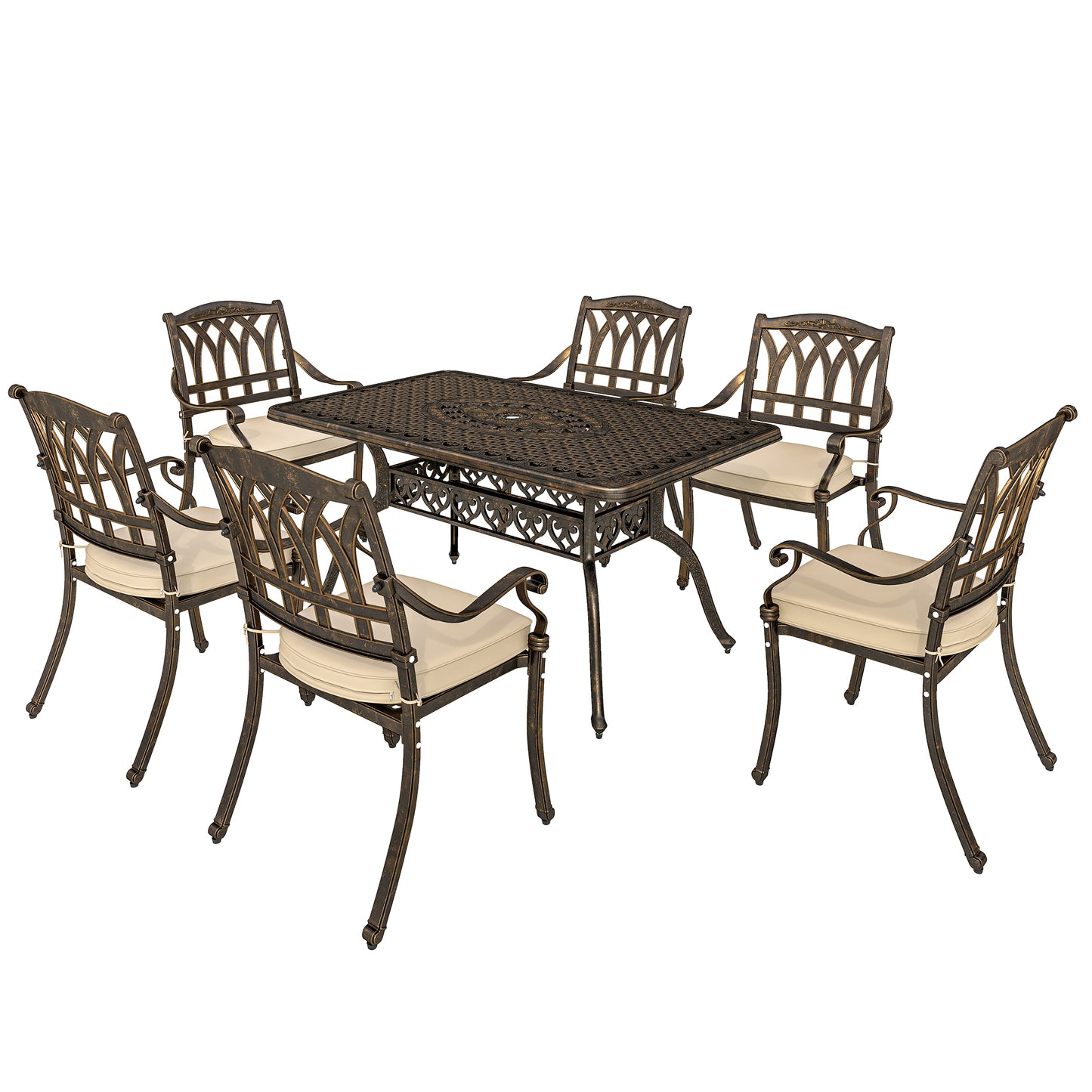 Dilara 6 Seater Bronze Cast Aluminium Garden Dining Set Rectangle Table Parasol Hole