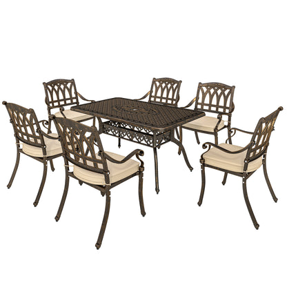 Dilara 6 Seater Bronze Cast Aluminium Garden Dining Set Rectangle Table Parasol Hole