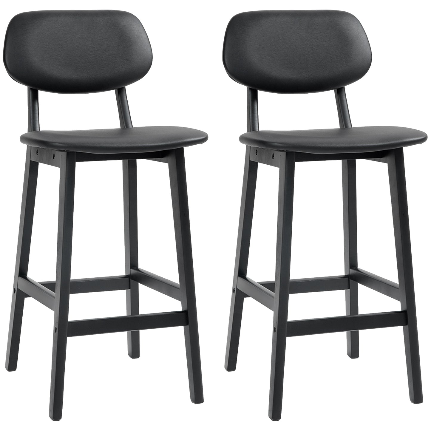 Resono Solid Wood Black Classic Bar Stools Set Of 2 With Faux Leather Seats