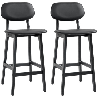 Resono Solid Wood Black Classic Bar Stools Set Of 2 With Faux Leather Seats