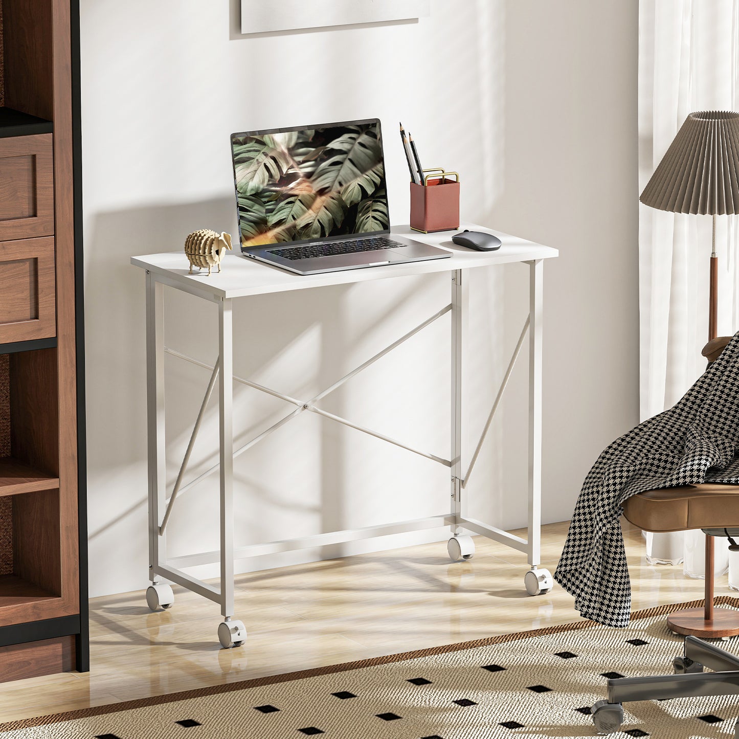 Romira 80cm Metal White Folding Desk Lockable Wheels