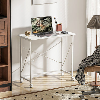 Romira 80cm Metal White Folding Desk Lockable Wheels