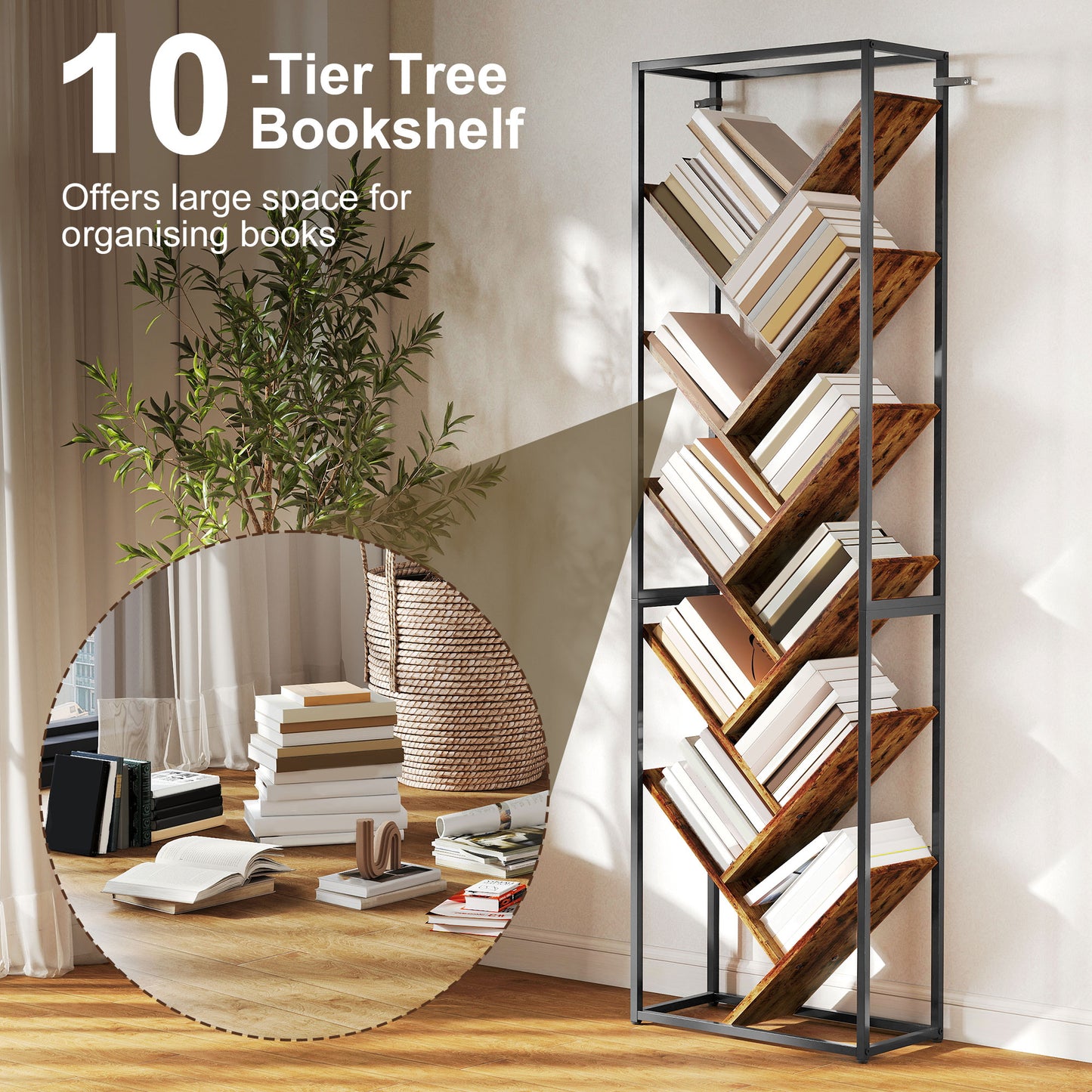 Dico Metal And Wood Black And Brown 10 Tier Industrial Display Bookcase