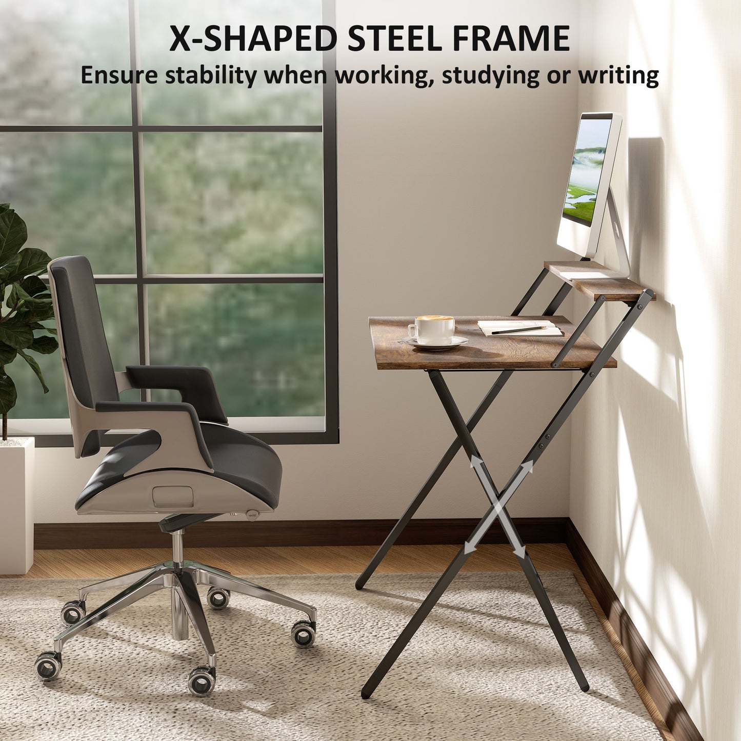 Veeldi 81cm Small Wooden Brown Rustic Folding Desk With Raised Monitor Shelf