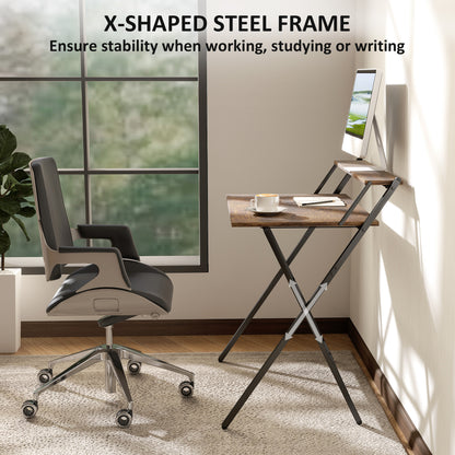 Veeldi 81cm Small Wooden Brown Rustic Folding Desk With Raised Monitor Shelf