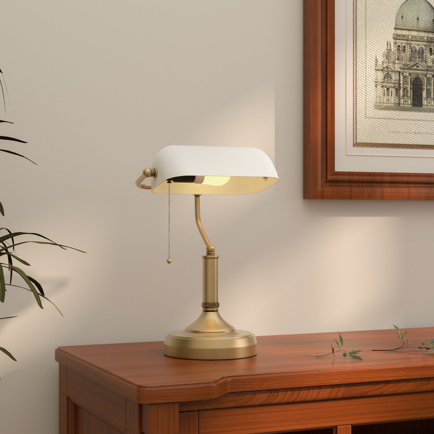 Yori Metal And Glass White Bankers Desk Lamp With Antique Bronze Tone Base
