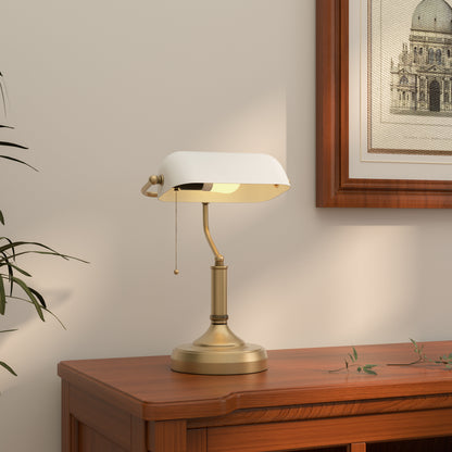 Yori Metal And Glass White Bankers Desk Lamp With Antique Bronze Tone Base