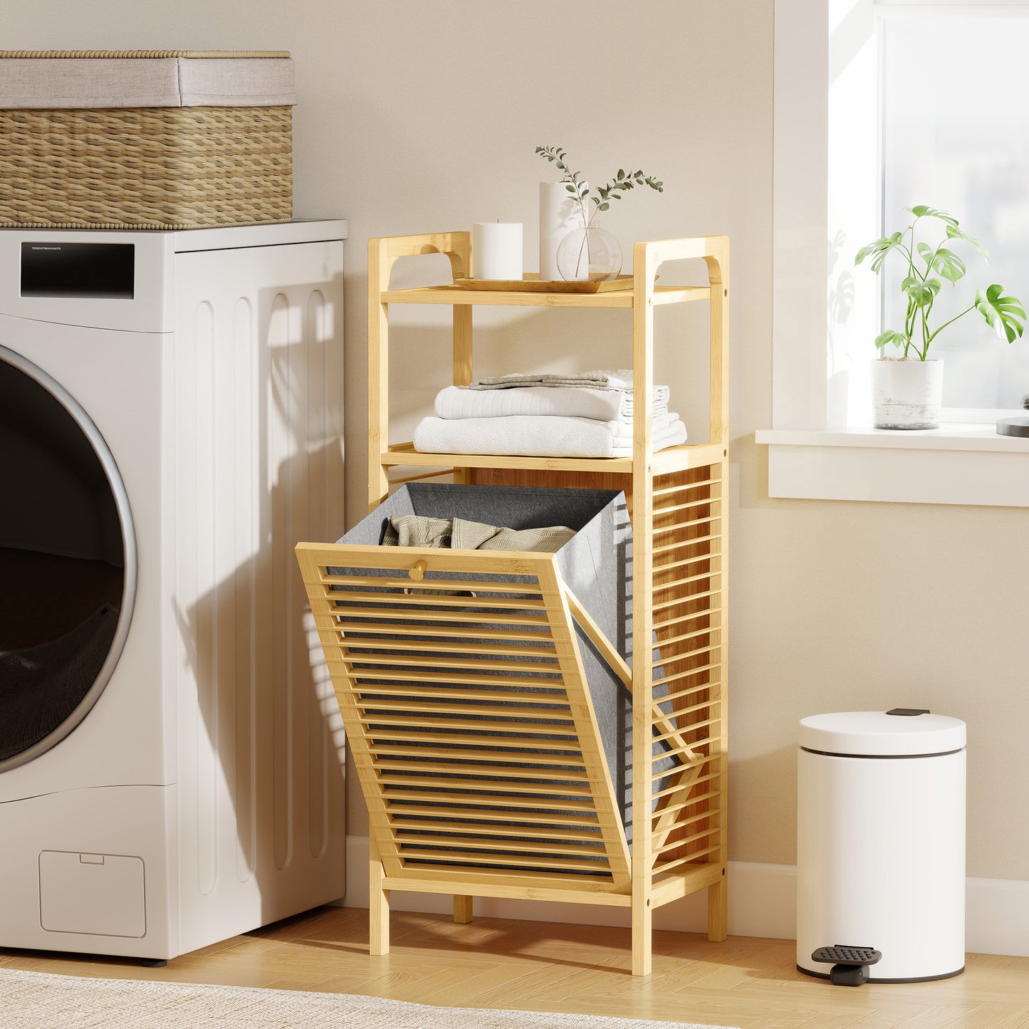 Lopadi Bamboo Laundry Storage Cabinet With Slatted Door And Tilt Out Hamper Natural Wood Finish