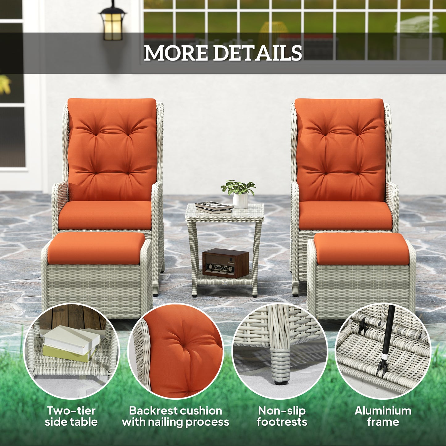 Bapa Rattan Orange 5 Piece Reclining Bistro Furniture Set with Glass Top Table And Footstools