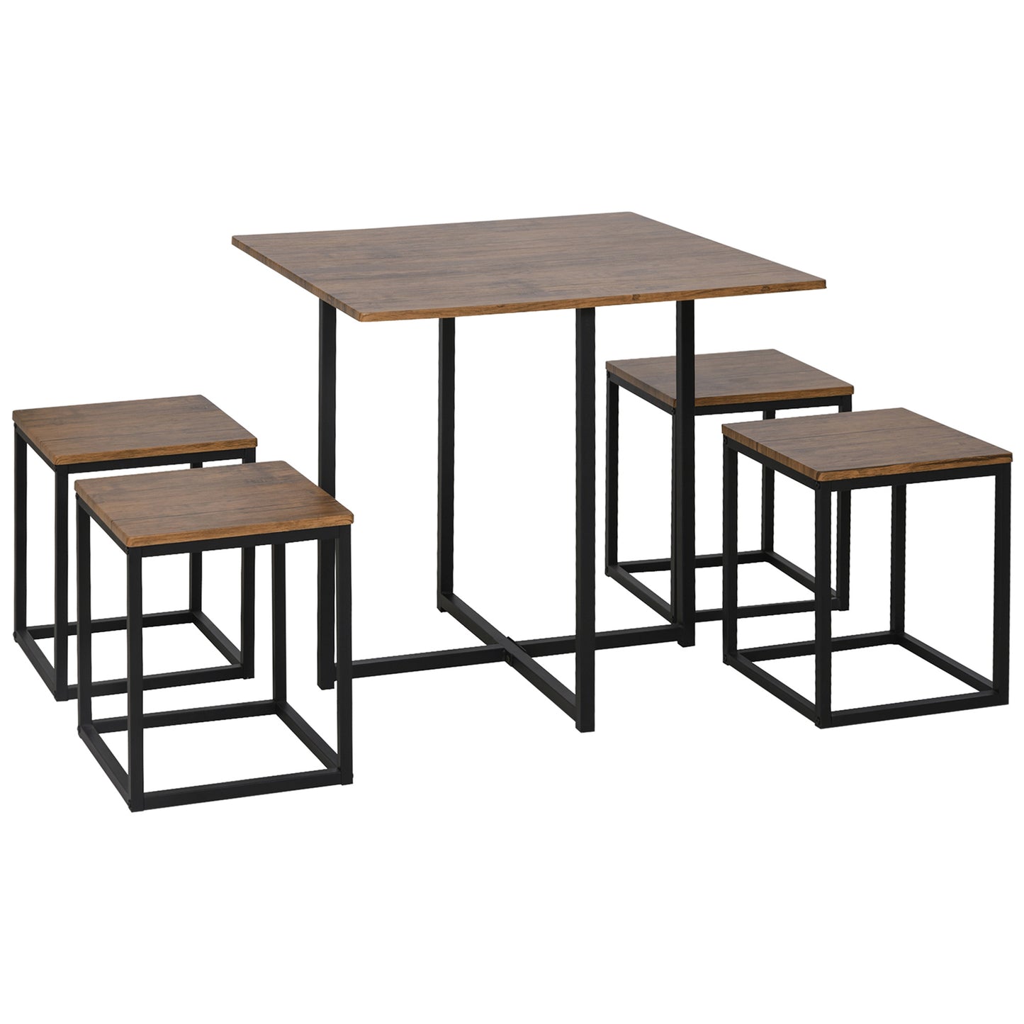 Sajonia Metal And Wooden Brown 5 Piece Industrial Dining Table And Stool Set