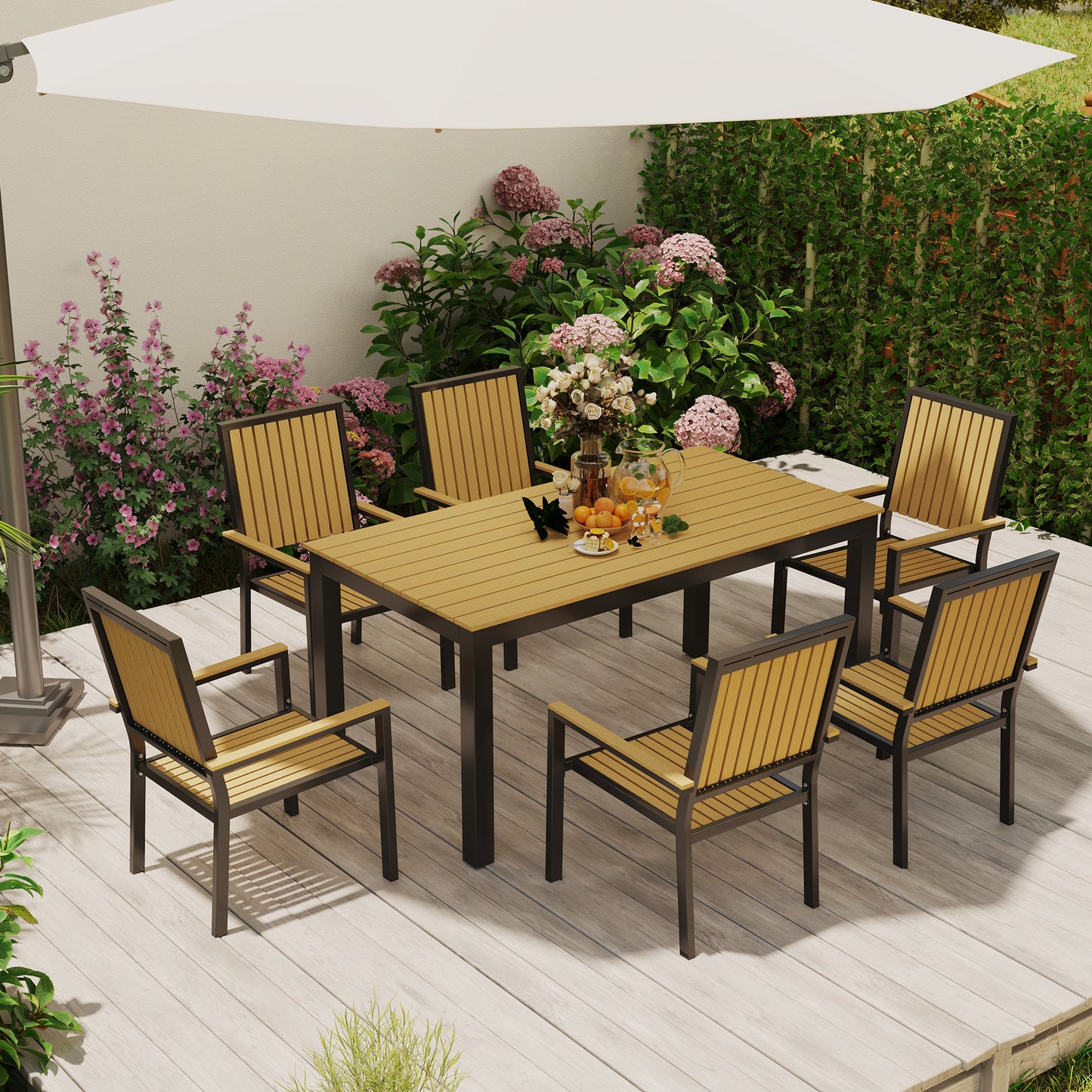 Rido 6 Seater Natural Wood and Black Metal Garden Dining Set with Stackable Chairs
