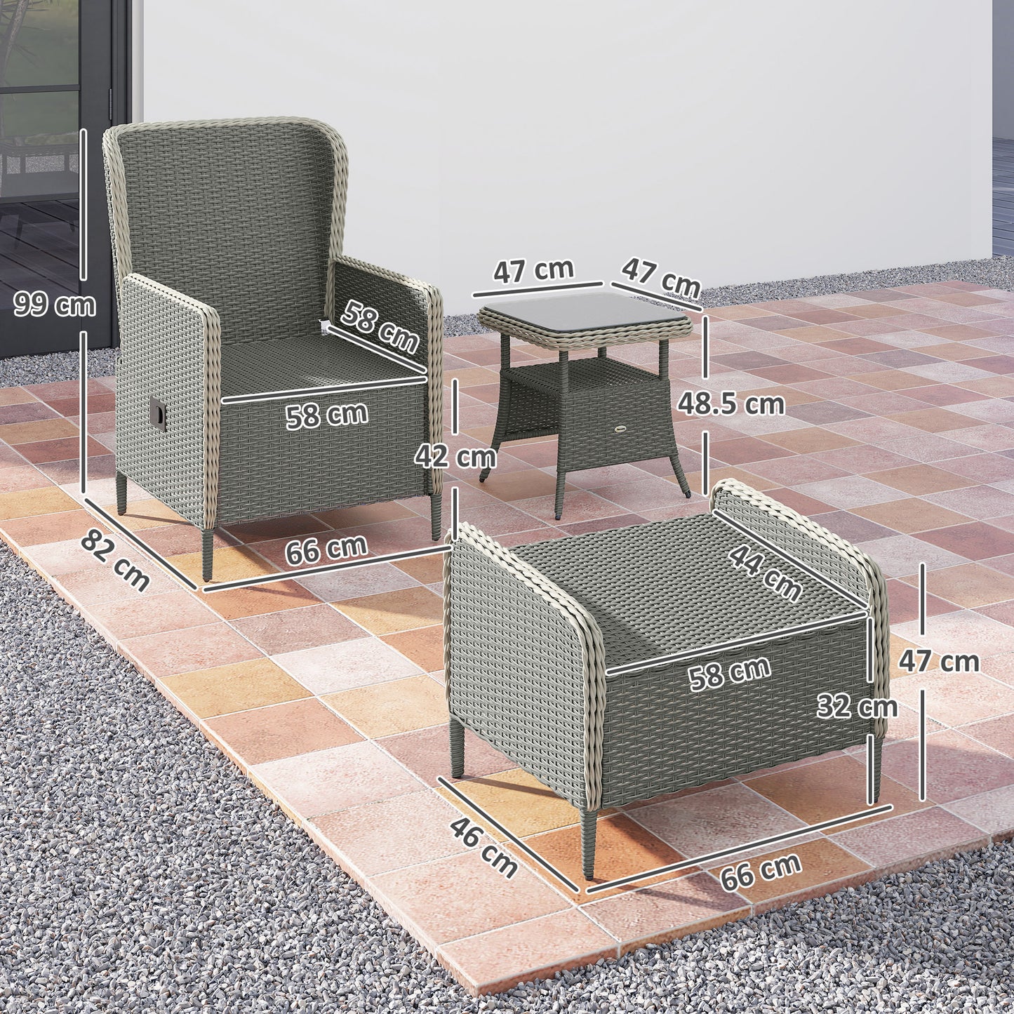 Vinono Rattan Grey 5 Piece Reclining Outdoor Garden Bistro Set