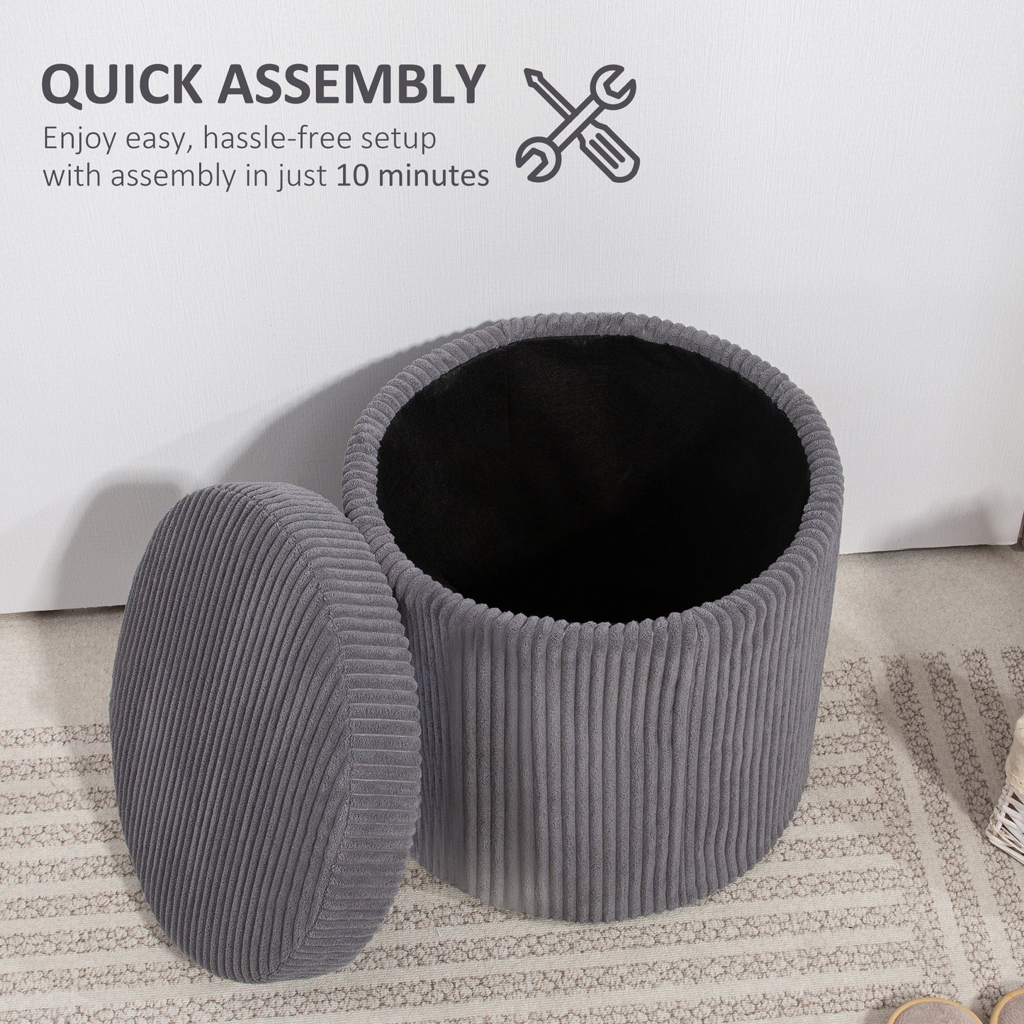 Yoluha Round Grey Corduroy Storage Footstool With Removable Lid