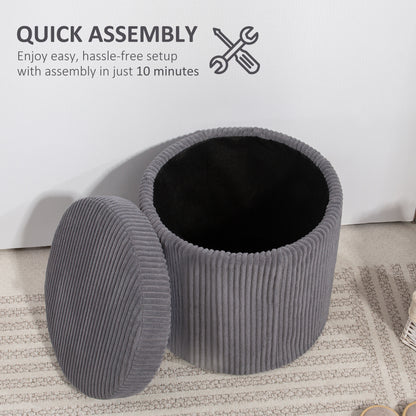 Yoluha Round Grey Corduroy Storage Footstool With Removable Lid