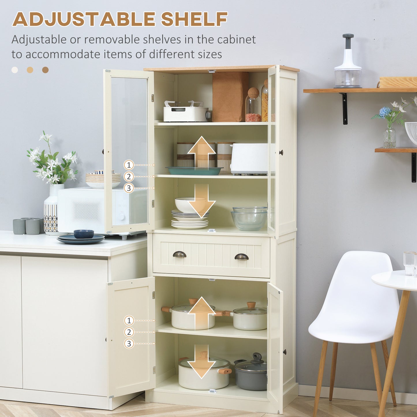 Fidozi Wooden Cream White 5 Tier Freestanding Kitchen Cupboard With Adjustable Shelves And Drawer