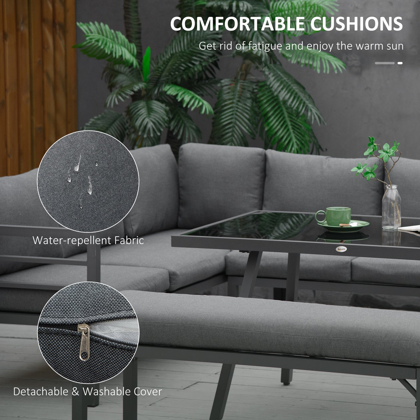 Rovama 8 Seater L-Shaped Garden Furniture Set with Glass Coffee Table and Bench