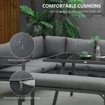 Rovama 8 Seater L-Shaped Garden Furniture Set with Glass Coffee Table and Bench