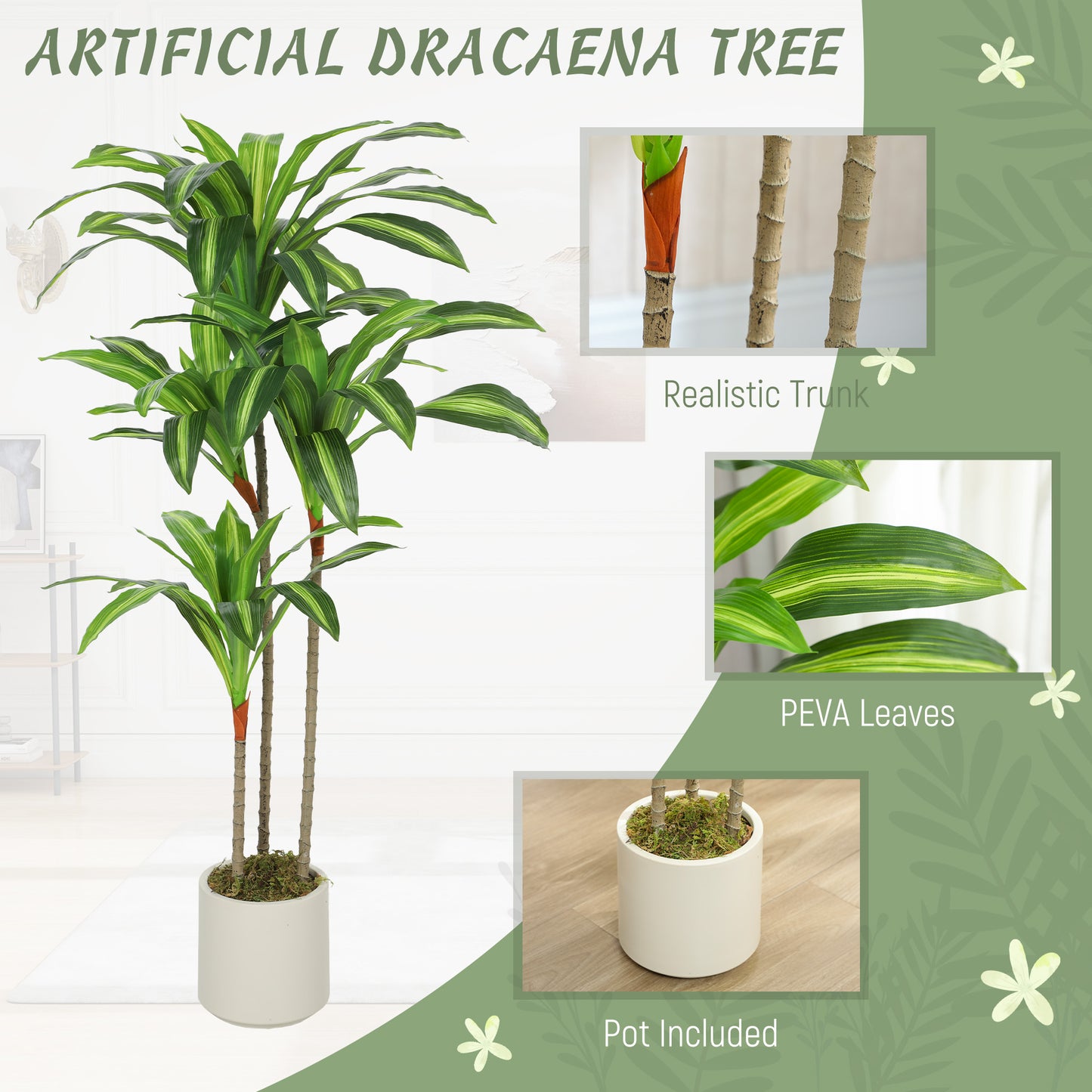 Mivi Artificial Dracaena Style Tree With Flexible Trunks 120cm Green