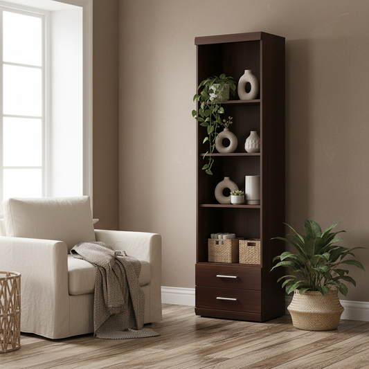 Sonderborg Dark Mahogany Tall Narrow Cabinet Open Shelving 2 Drawer