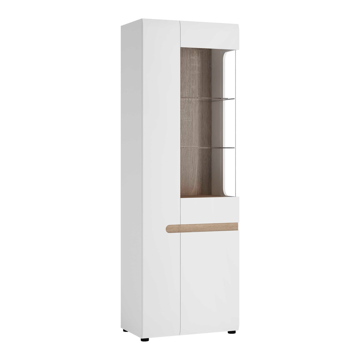 Foxwhisk Tall Glazed Narrow Display Unit White and Truffle Oak Wood Left Hand