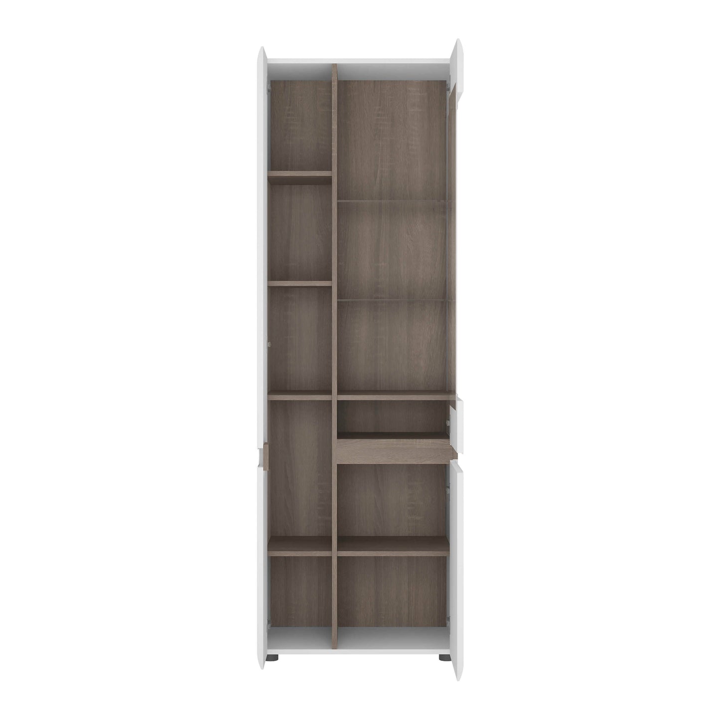 Foxwhisk Tall Glazed Narrow Display Unit White and Truffle Oak Wood Left Hand