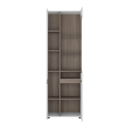 Foxwhisk Tall Glazed Narrow Display Unit White and Truffle Oak Wood Left Hand