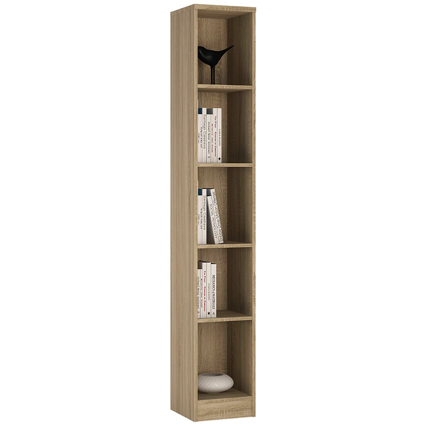 Hollola Sonama Oak Wood Tall Narrow Bookcase 5 Shelves